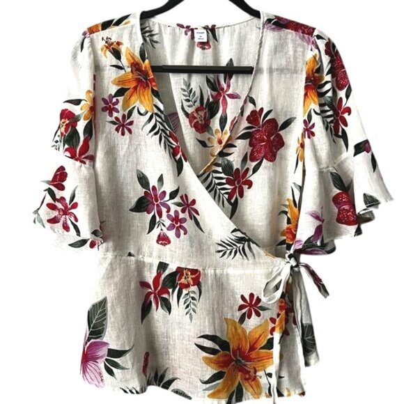 Old Navy Floral Wrap Blouse With Tie Waist & Flared Sleeves Medium - Picture 4 of 7